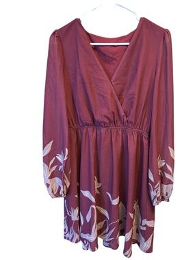 Cupshe Burgundy Floral-Trim Long Sleeve Wrap Dress